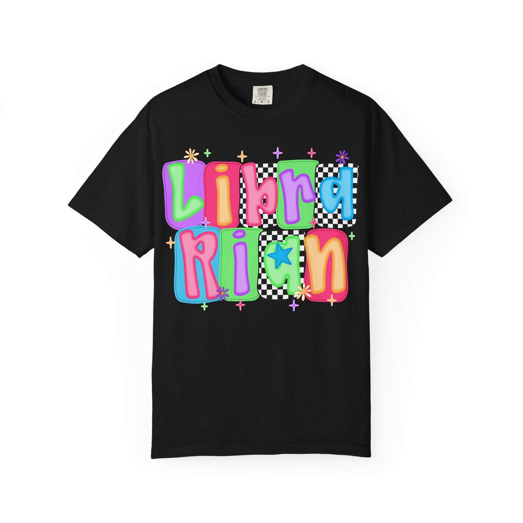 Librarian Retro Bubble Letter T-Shirt — Colorful Checkerboard Book Lover Tee