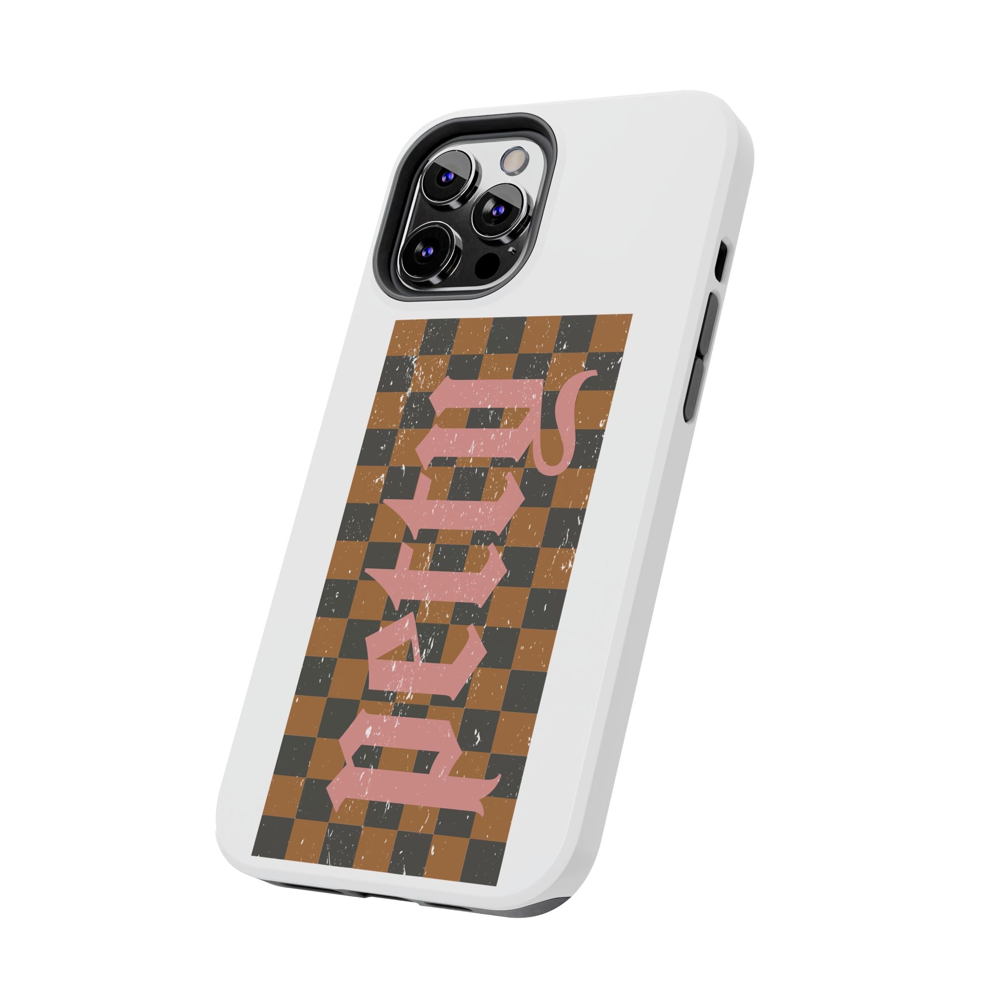 Checkerboard 'Tough' Retro Phone Case — Pink Gothic Text, Grunge Pattern