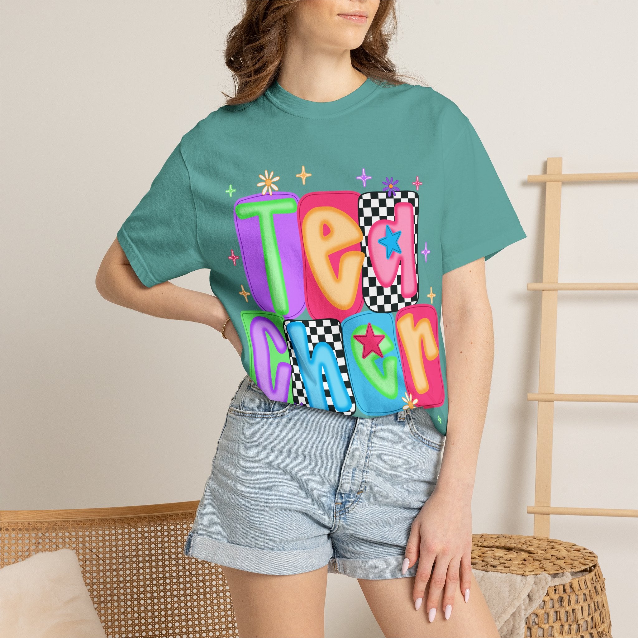Teacher Retro Bubble Letter T-Shirt — Colorful Checkerboard & Star Teacher Shirt