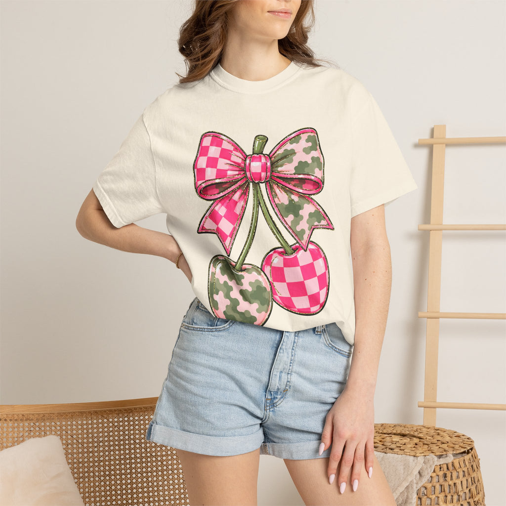 Pink Camo Checker Cherry Tee — Bow Graphic T-Shirt