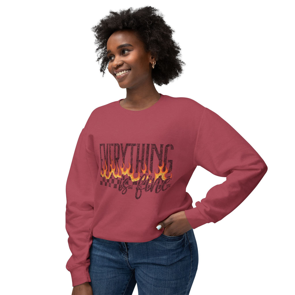 Everything Is Fine Crewneck Sweatshirt — Retro Flames & Checkered Graphic