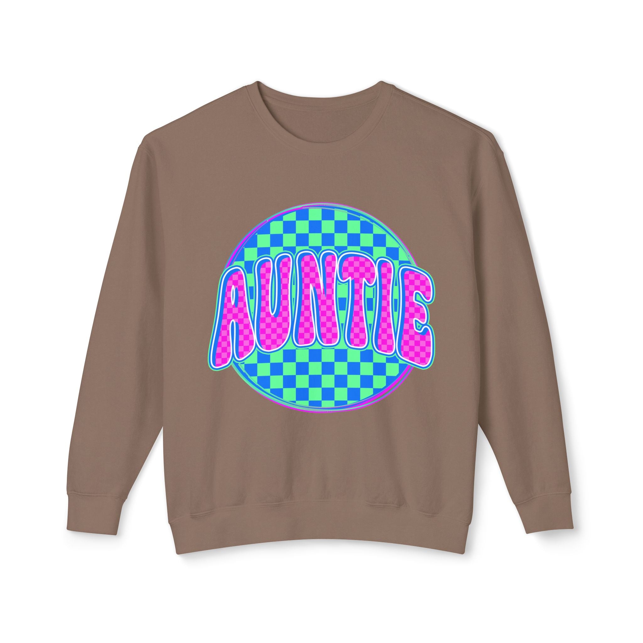 Auntie Graphic Sweatshirt — Retro Checkerboard Neon Design