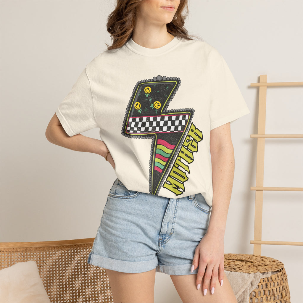Lightning Bolt Graphic T‑Shirt — Retro Checker & 'Mother' Streetwear Tee