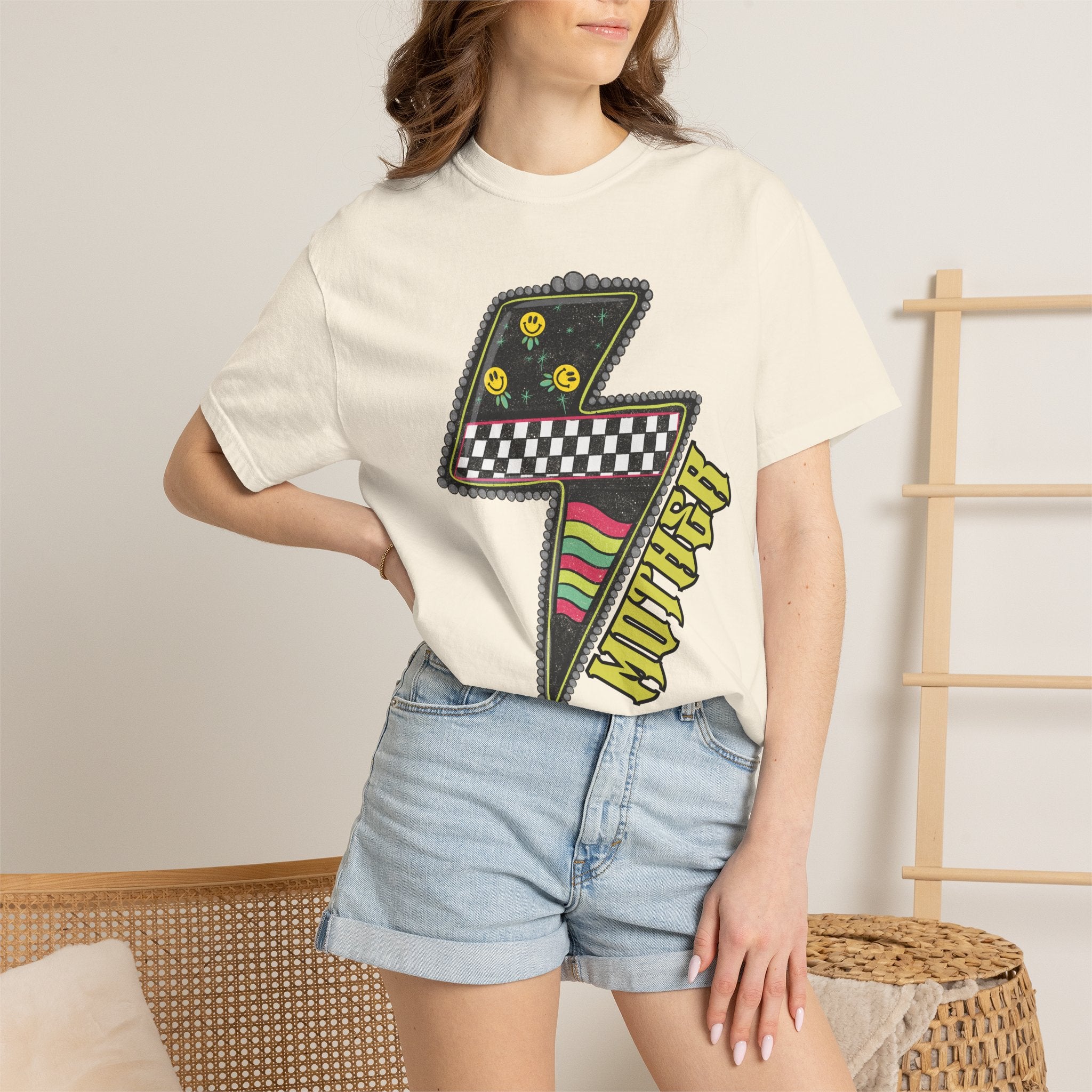 Lightning Bolt Graphic T‑Shirt — Retro Checker & 'Mother' Streetwear Tee
