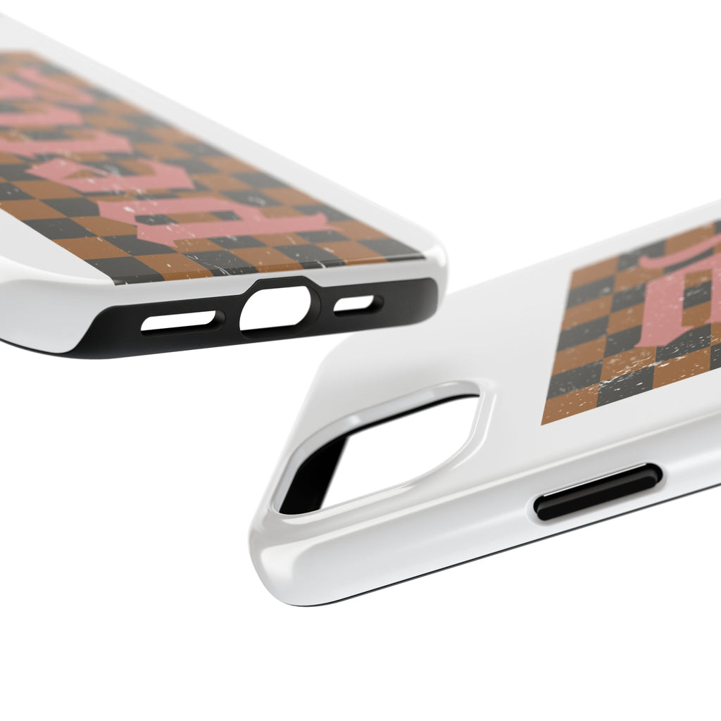 Checkerboard 'Tough' Retro Phone Case — Pink Gothic Text, Grunge Pattern