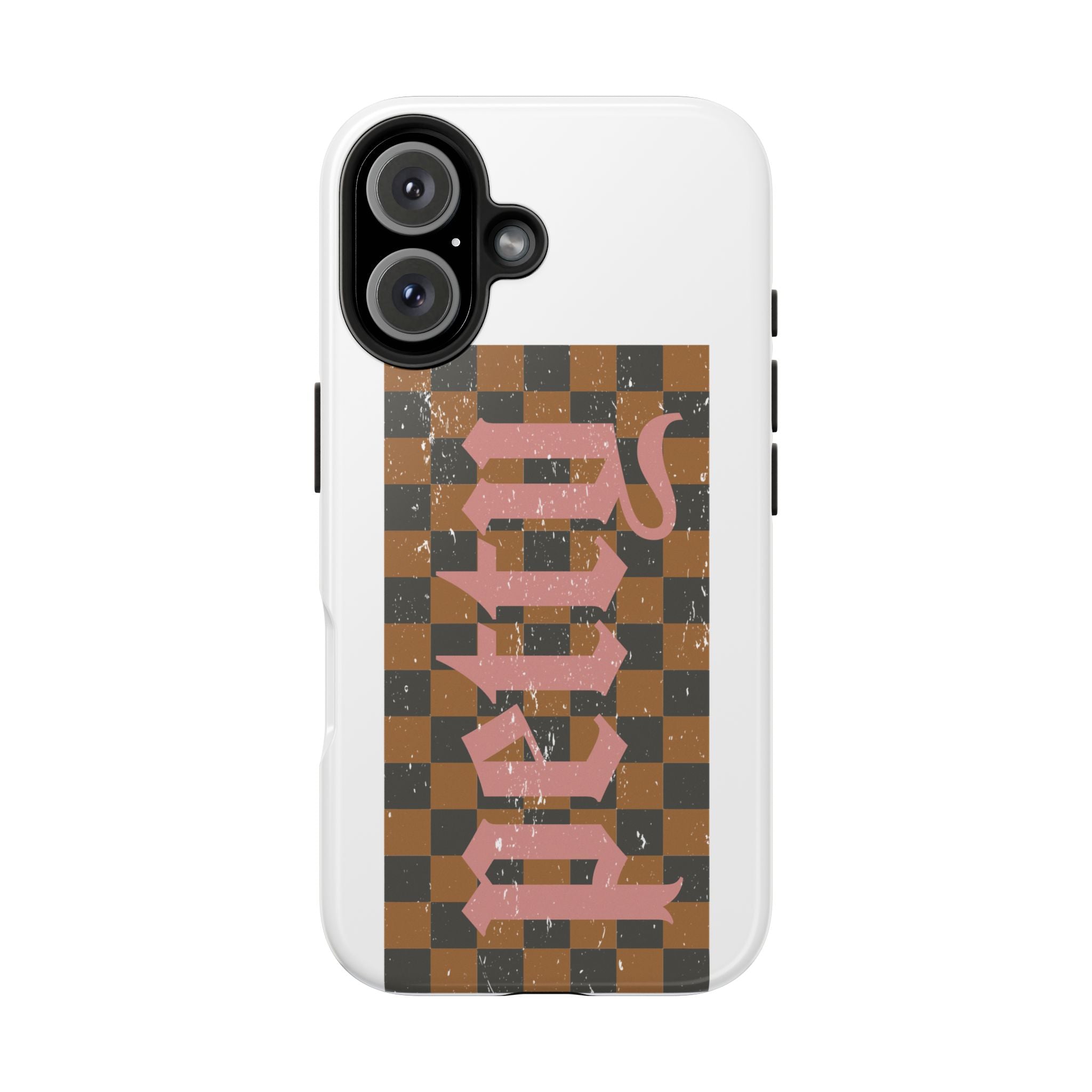Checkerboard 'Tough' Retro Phone Case — Pink Gothic Text, Grunge Pattern