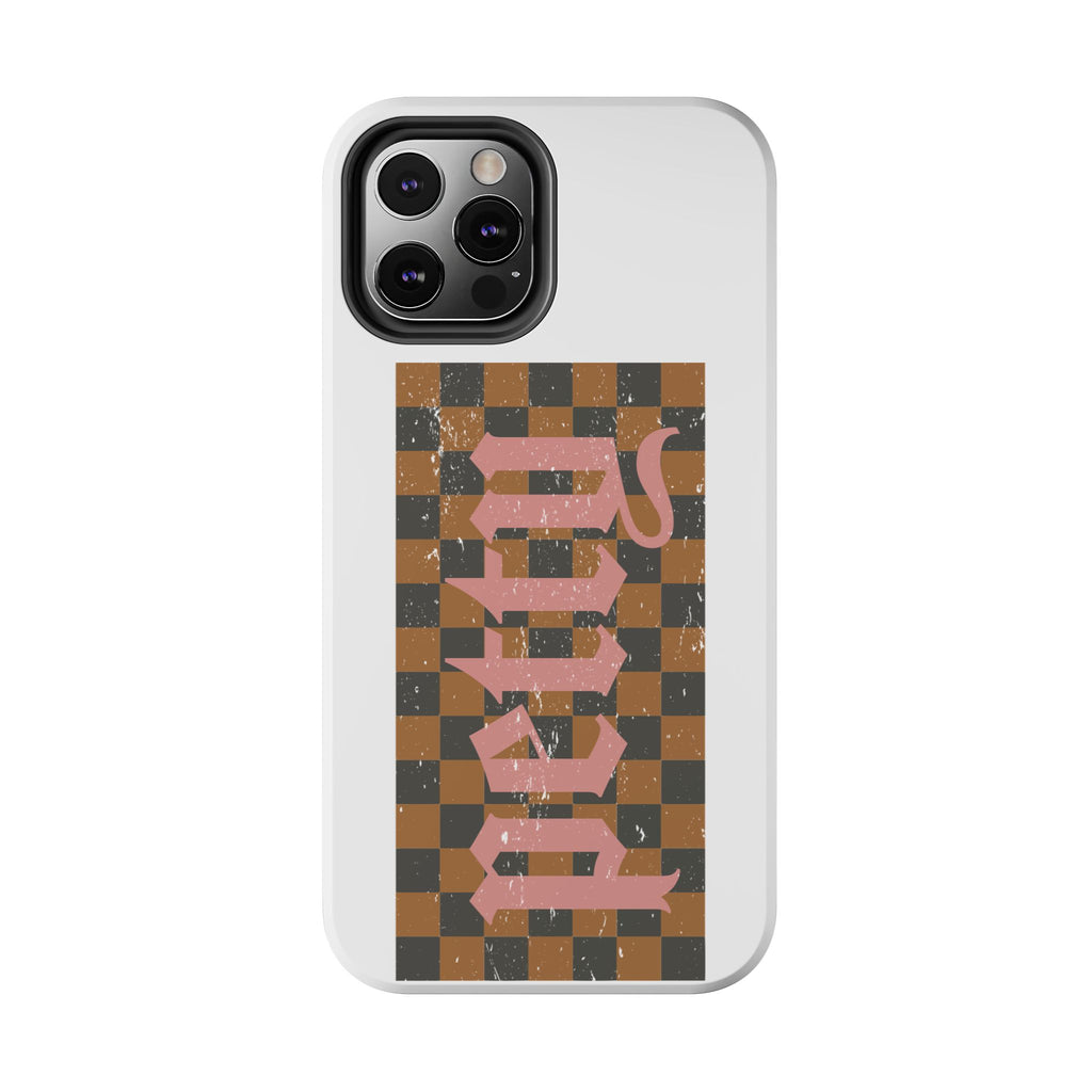 Checkerboard 'Tough' Retro Phone Case — Pink Gothic Text, Grunge Pattern