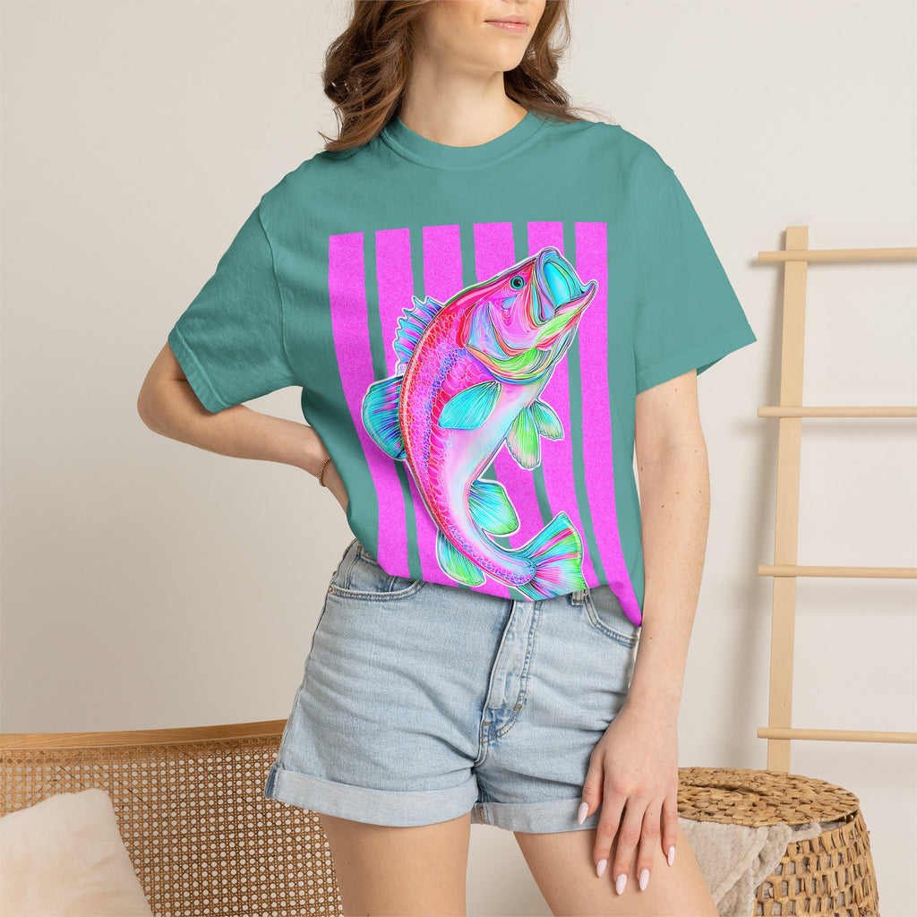 Neon Bass Fish T-Shirt — Retro Pink Stripe Fishing Tee