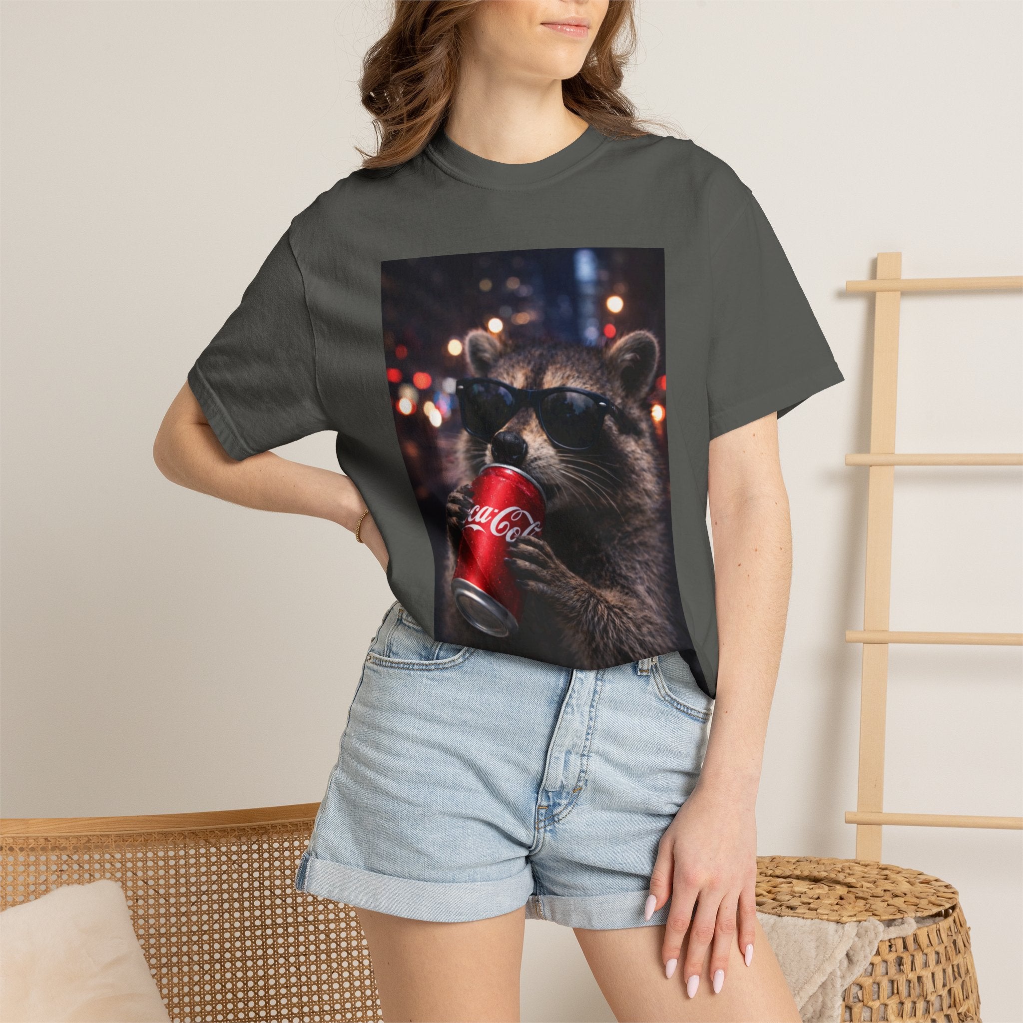 Raccoon Drinking Soda Photo T-Shirt — Funny Urban Wildlife Graphic Tee