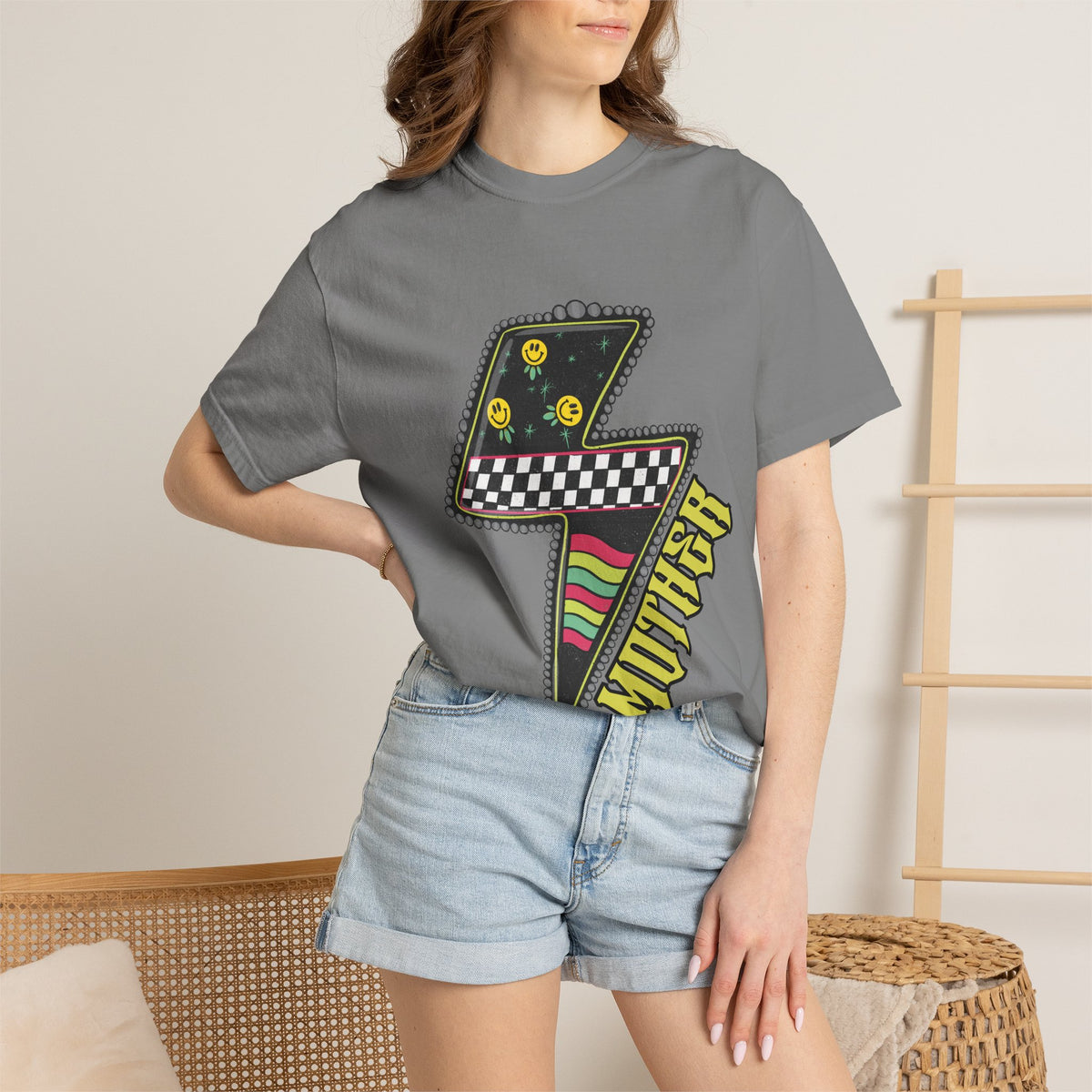 Lightning Bolt Graphic T‑Shirt — Retro Checker & Neon Stripe Design