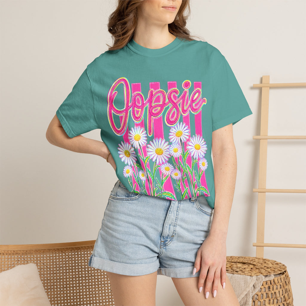Oopsie Daisy T-Shirt — Retro Pink Stripes & Daisies Graphic Tee