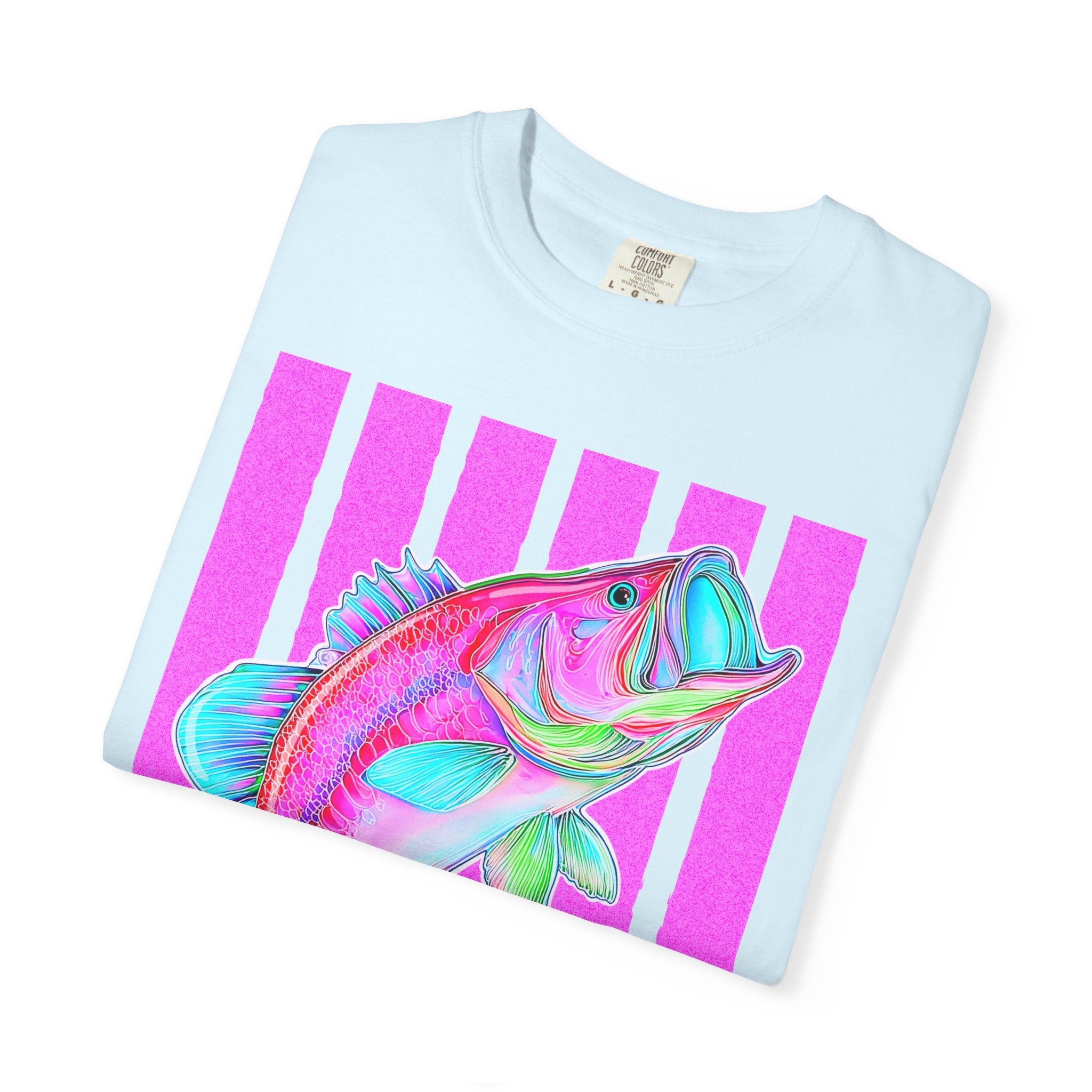 Neon Bass Fish T-Shirt — Retro Pink Stripe Fishing Tee