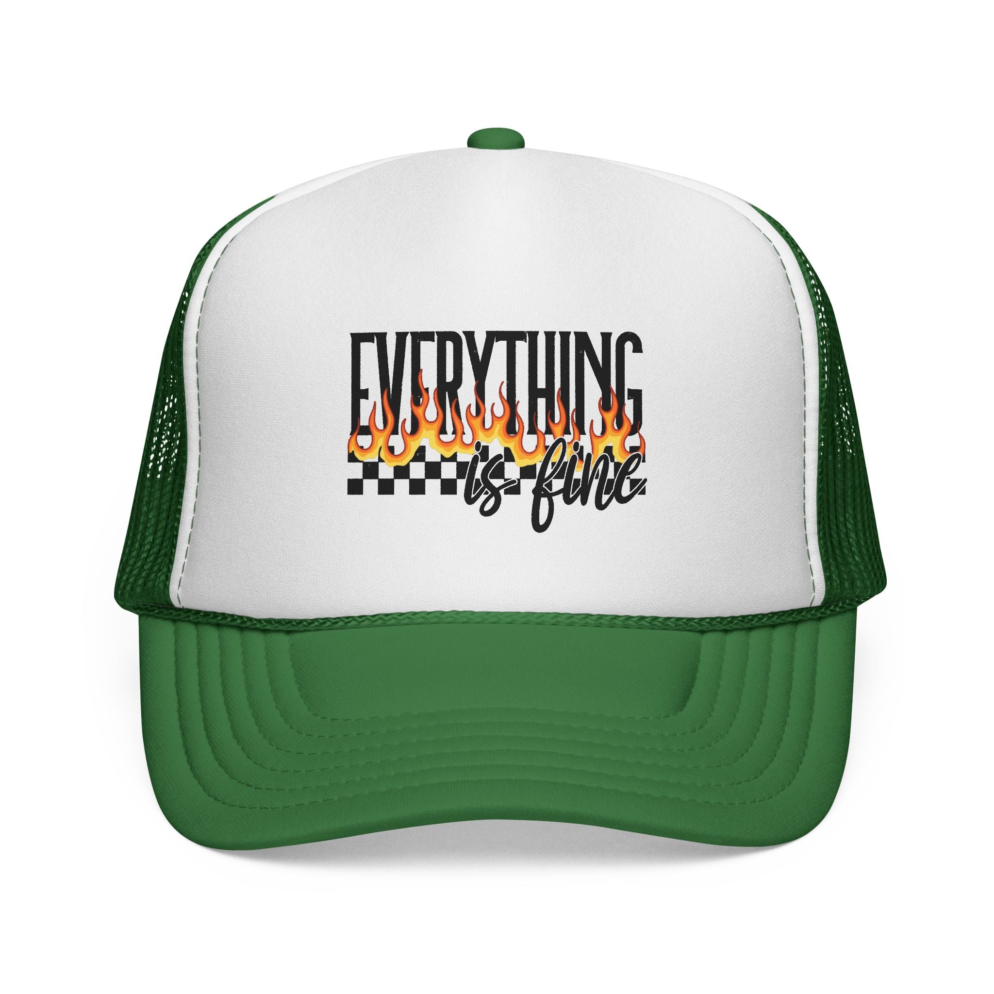 Everything Is Fine Trucker Cap — Retro Flames & Checkerboard Snapback