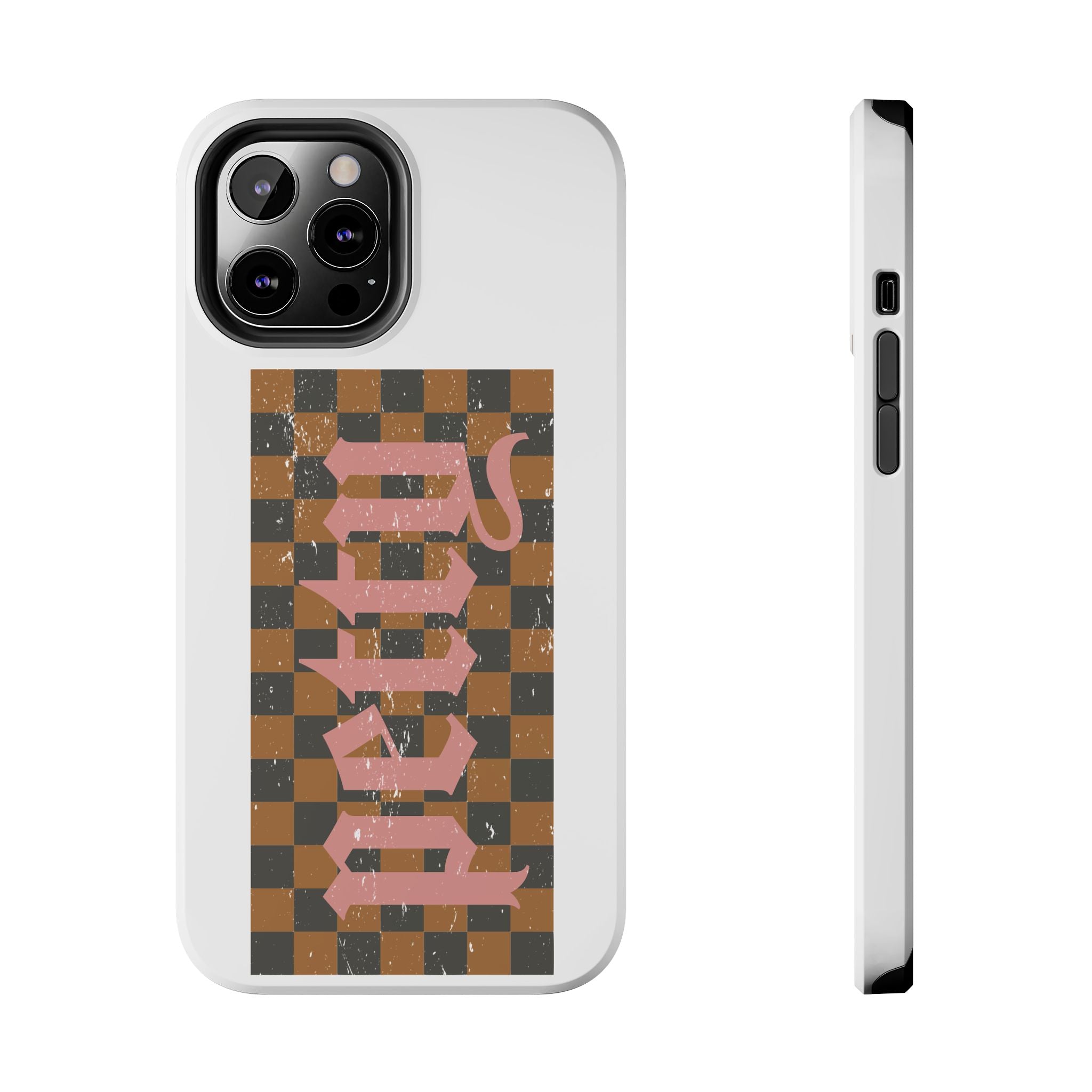 Checkerboard 'Tough' Retro Phone Case — Pink Gothic Text, Grunge Pattern