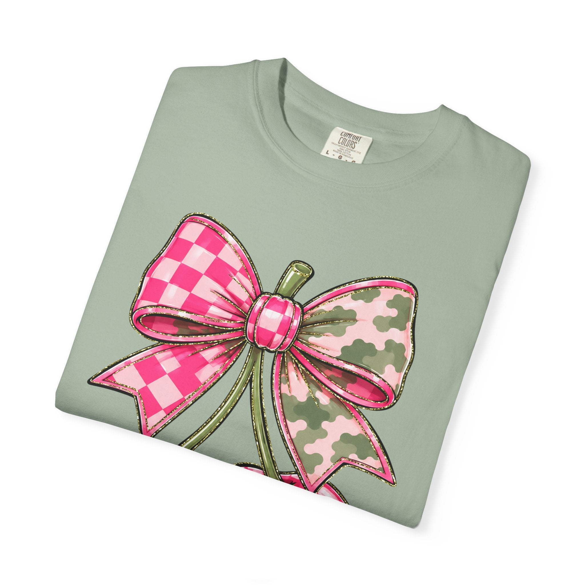 Pink Camo Checker Cherry Tee — Bow Graphic T-Shirt