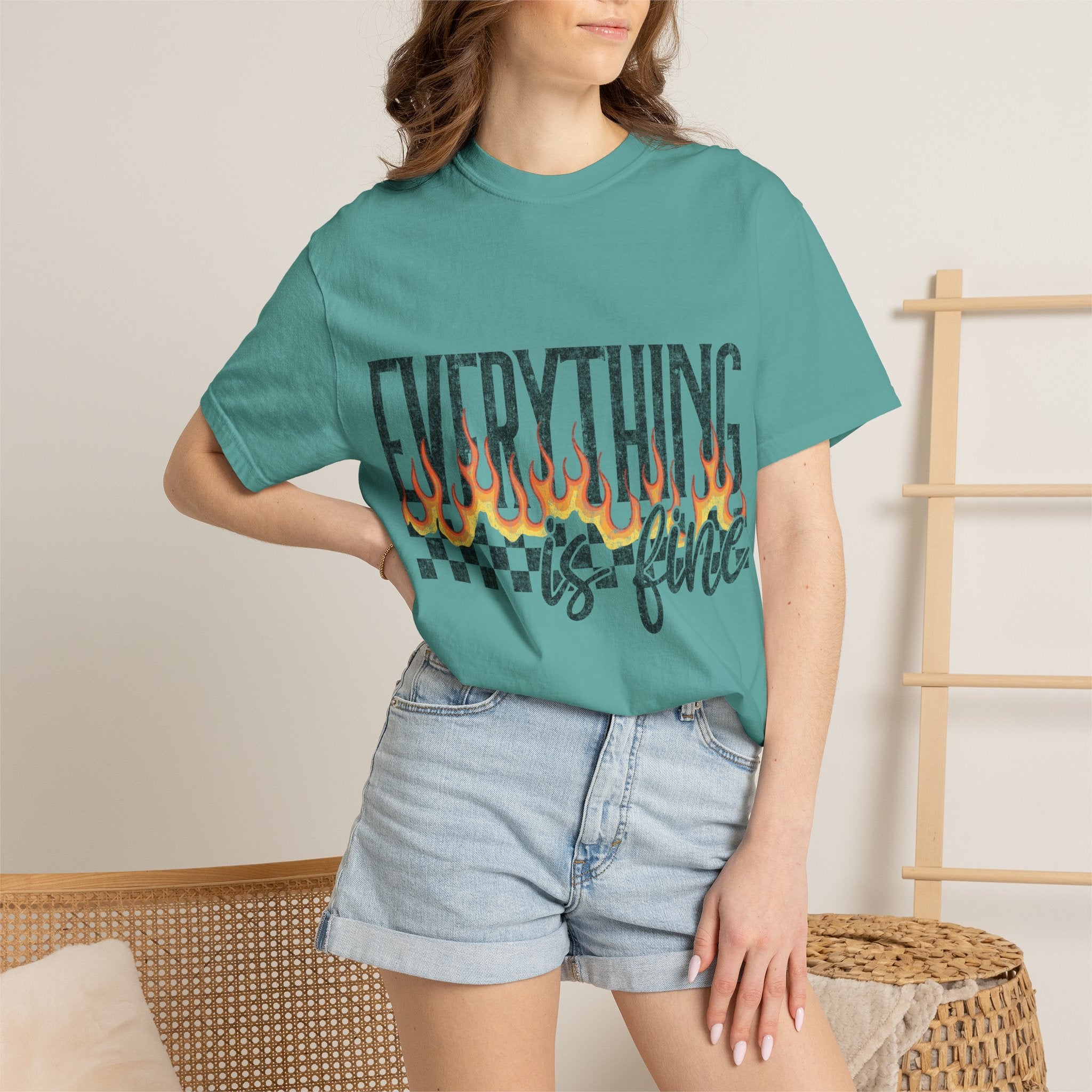 Everything Is Fine T-Shirt — Retro Flames & Checkerboard Graphic Tee