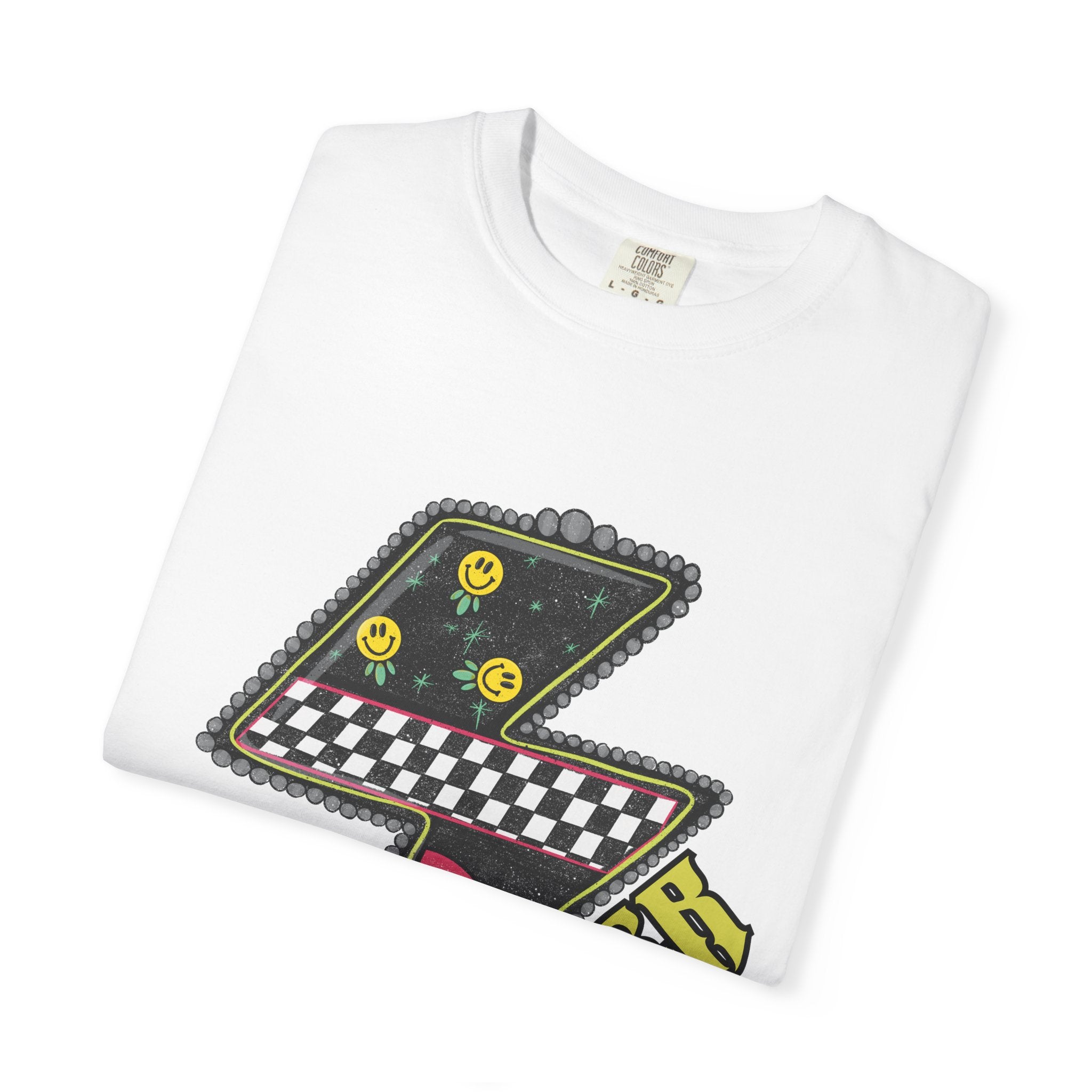 Lightning Bolt Graphic T‑Shirt — Retro Checker & Neon Stripe Design
