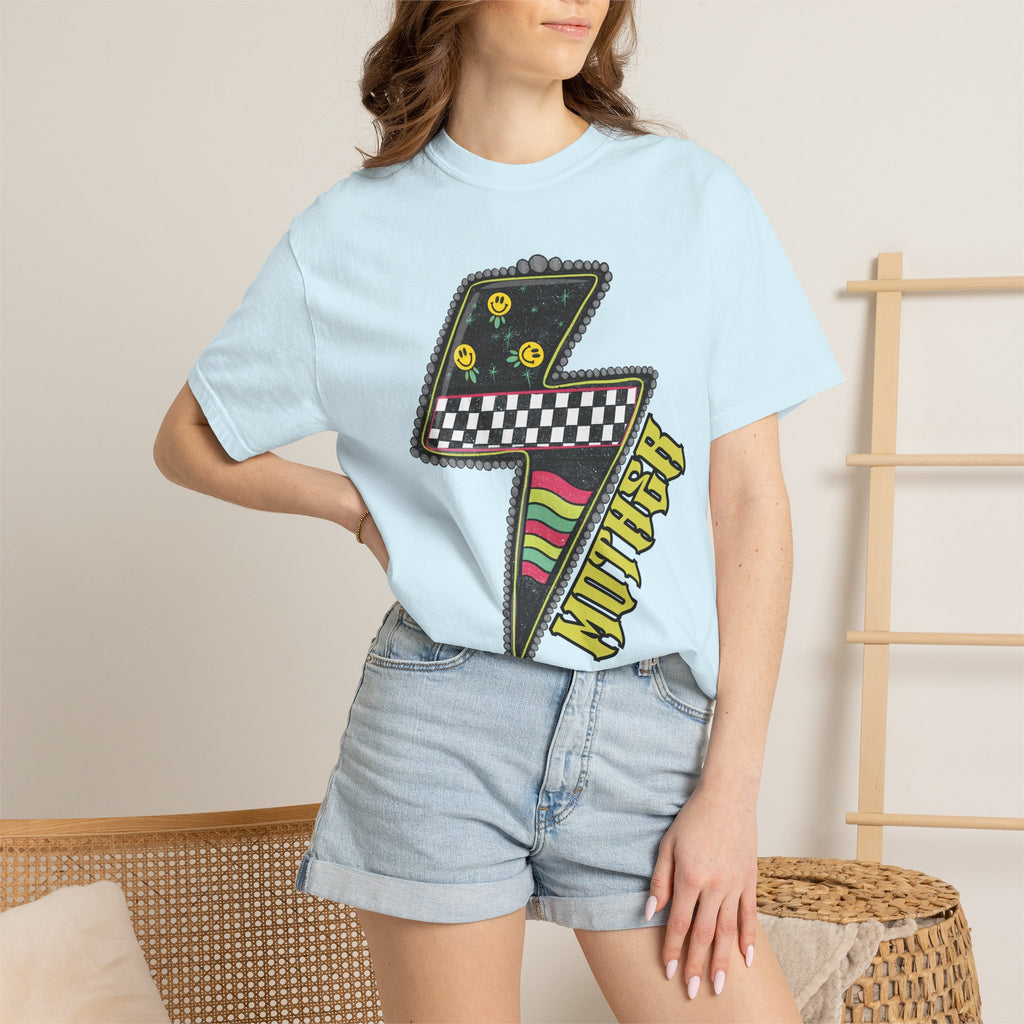 Lightning Bolt Graphic T‑Shirt — Retro Checker & 'Mother' Streetwear Tee