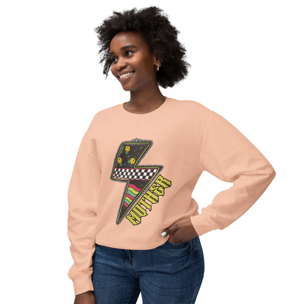Lightning Bolt Graphic Sweatshirt — Retro Checkered & Neon Pattern Crewneck