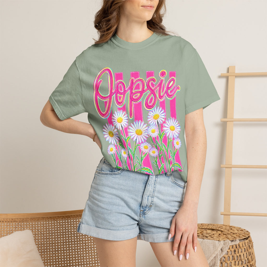 Oopsie Daisy T-Shirt — Retro Pink Stripes & Daisies Graphic Tee