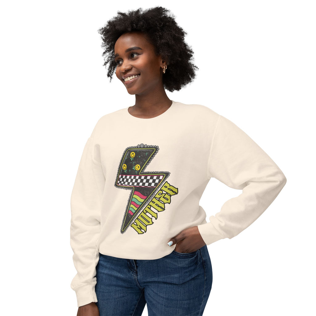 Lightning Bolt Graphic Sweatshirt — Retro Checkered & Neon Pattern Crewneck