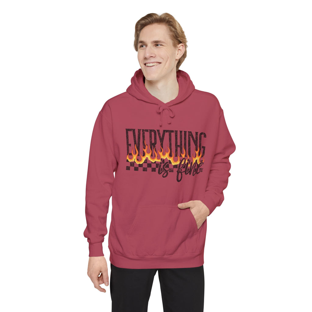 Everything Is Fine Hoodie — Retro Flame Checkerboard Graphic Pullover
