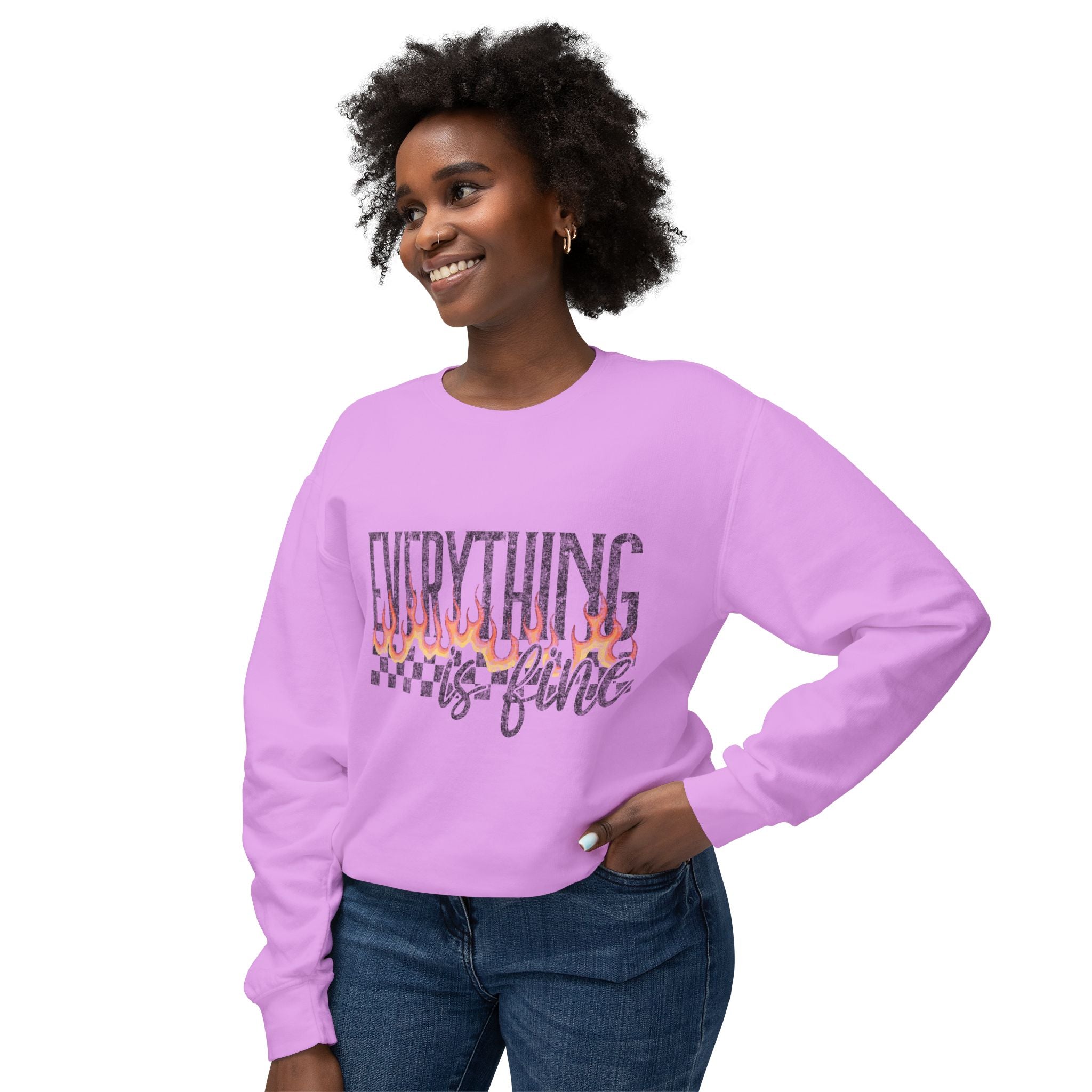 Everything Is Fine Crewneck Sweatshirt — Retro Flames & Checkered Graphic