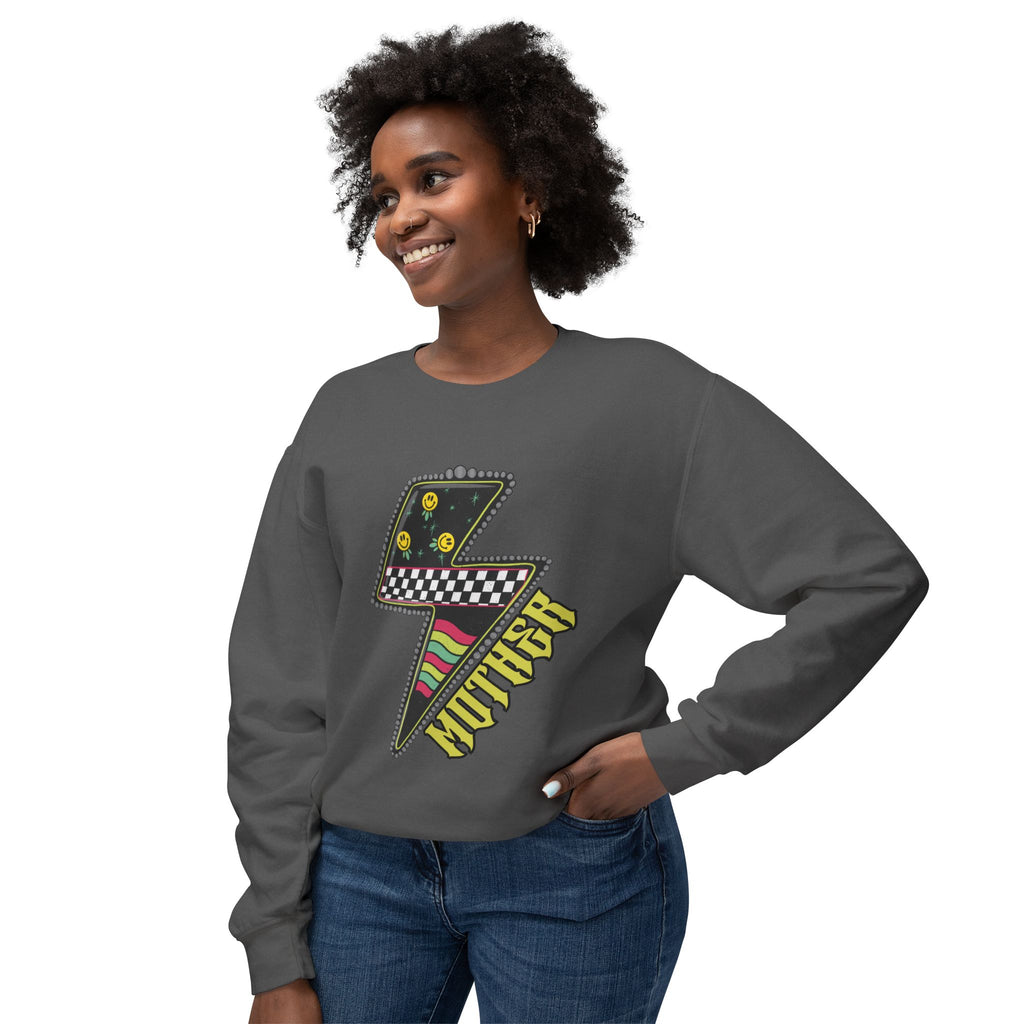 Lightning Bolt Graphic Sweatshirt — Retro Checkered & Neon Pattern Crewneck