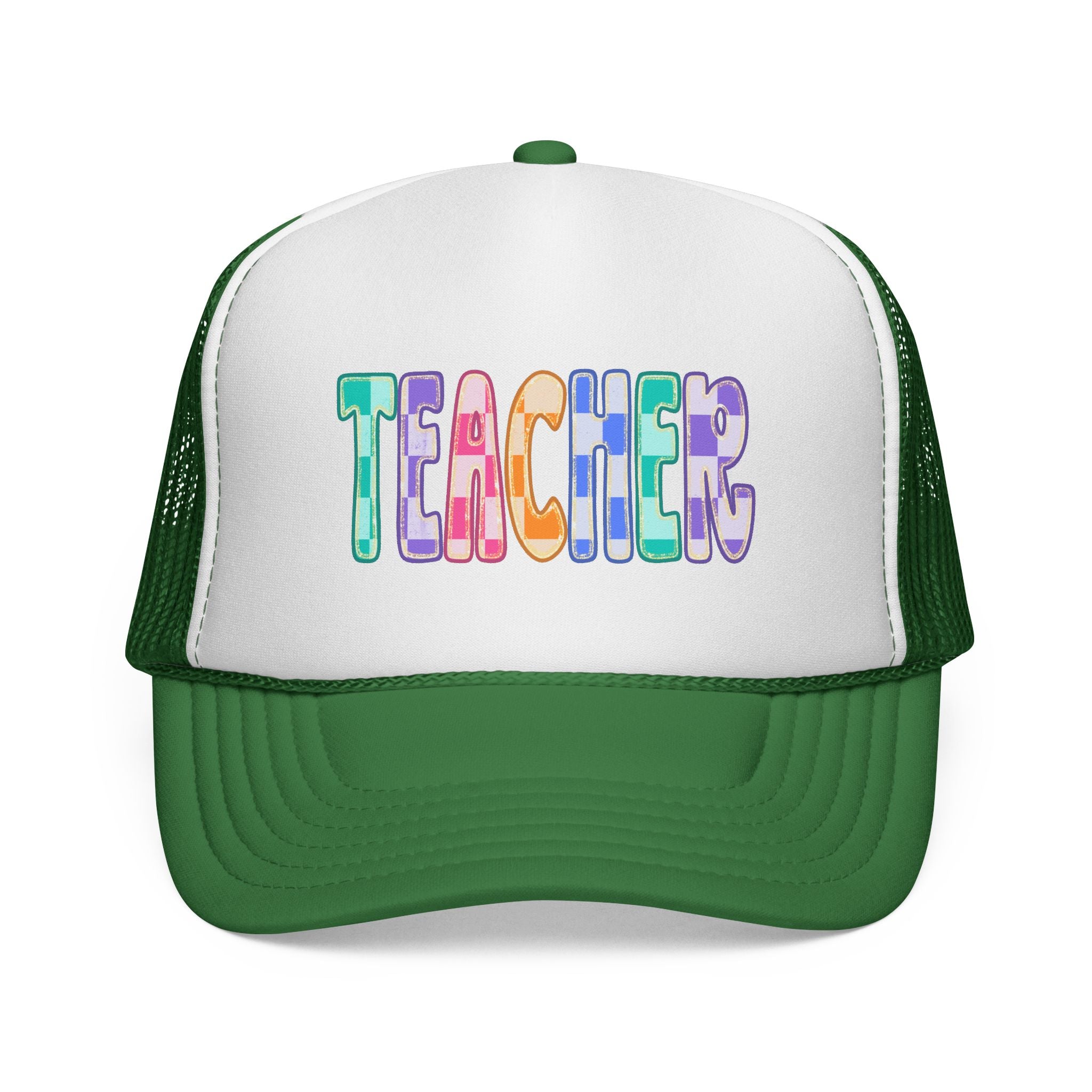 Teacher Trucker Hat — Colorful Patchwork Educator Cap