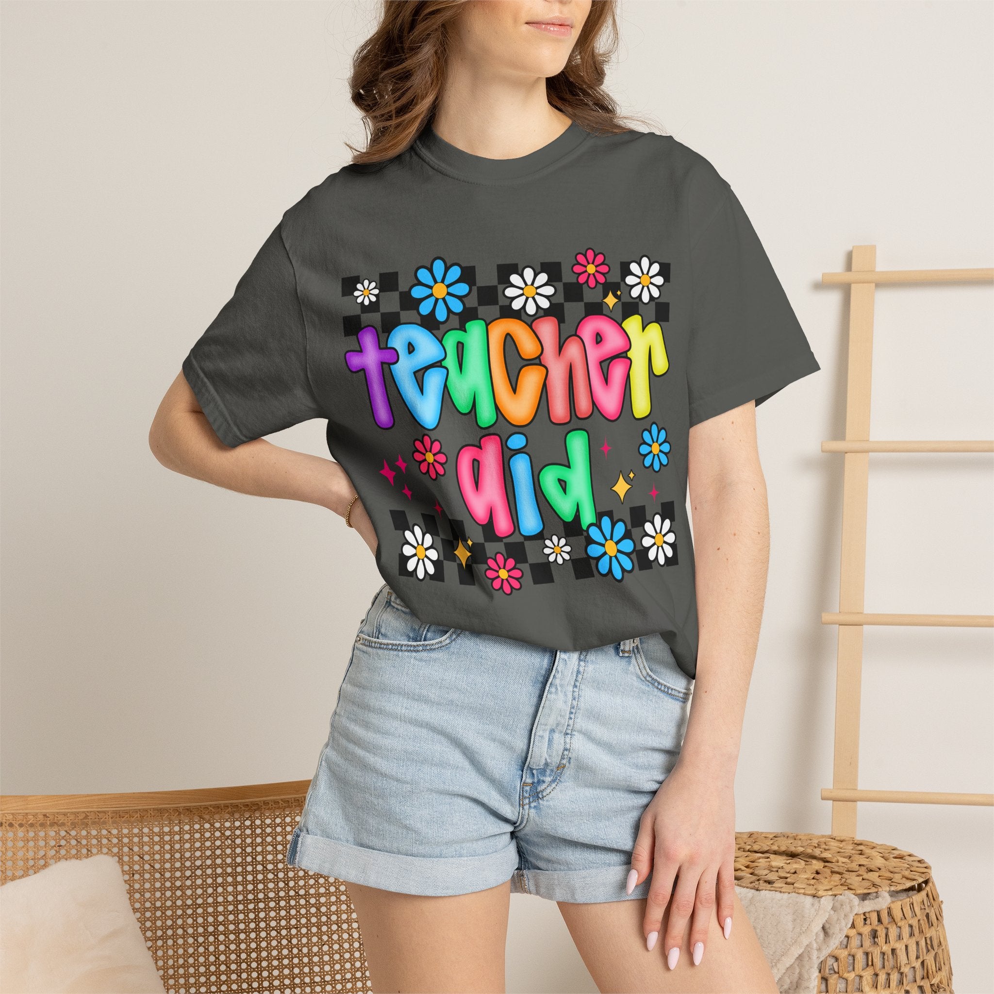 Teacher Aid T-Shirt — Colorful Retro Flower Checkerboard Design
