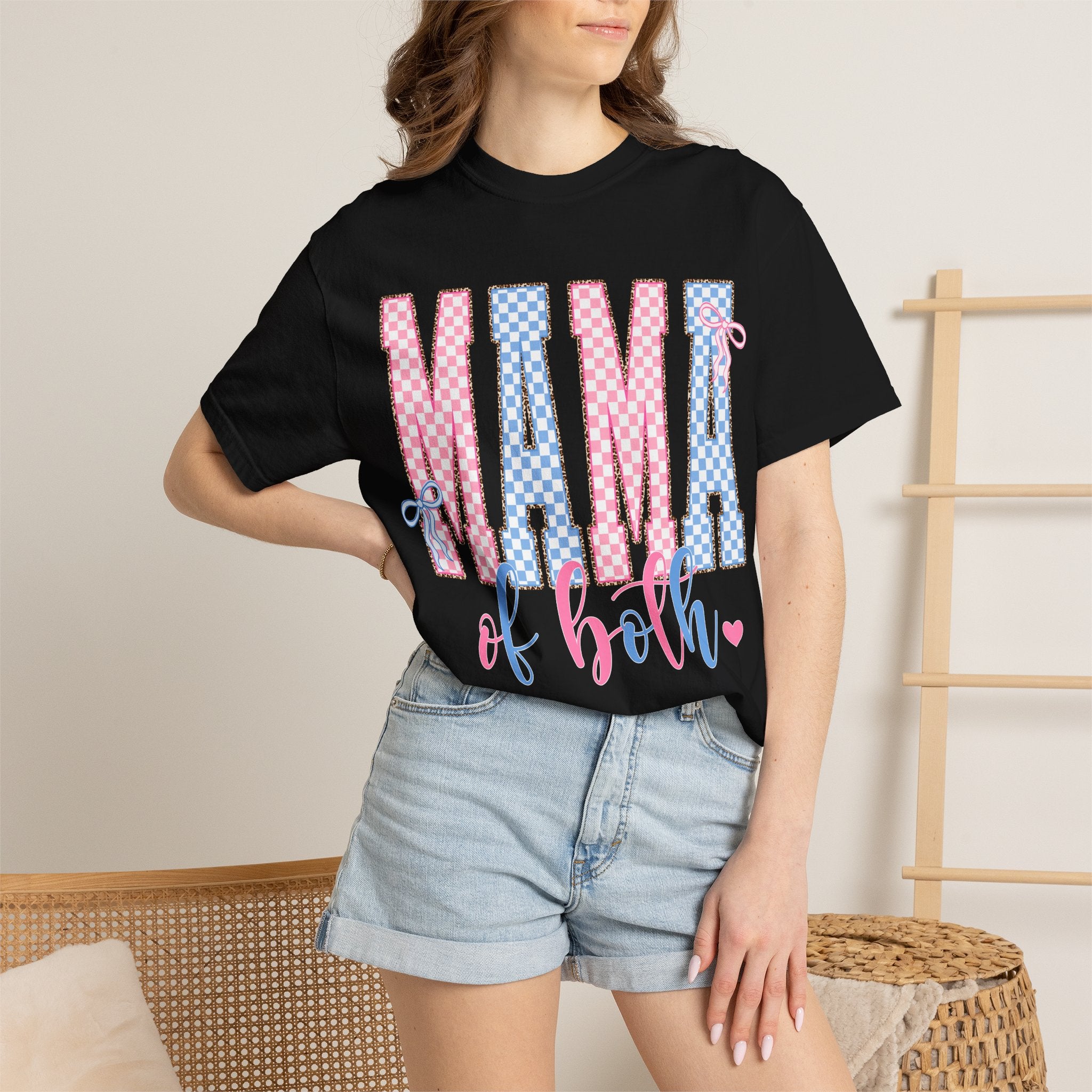 Mama of Both T-Shirt — Gender Reveal Mom Tee (Pink & Blue Check)