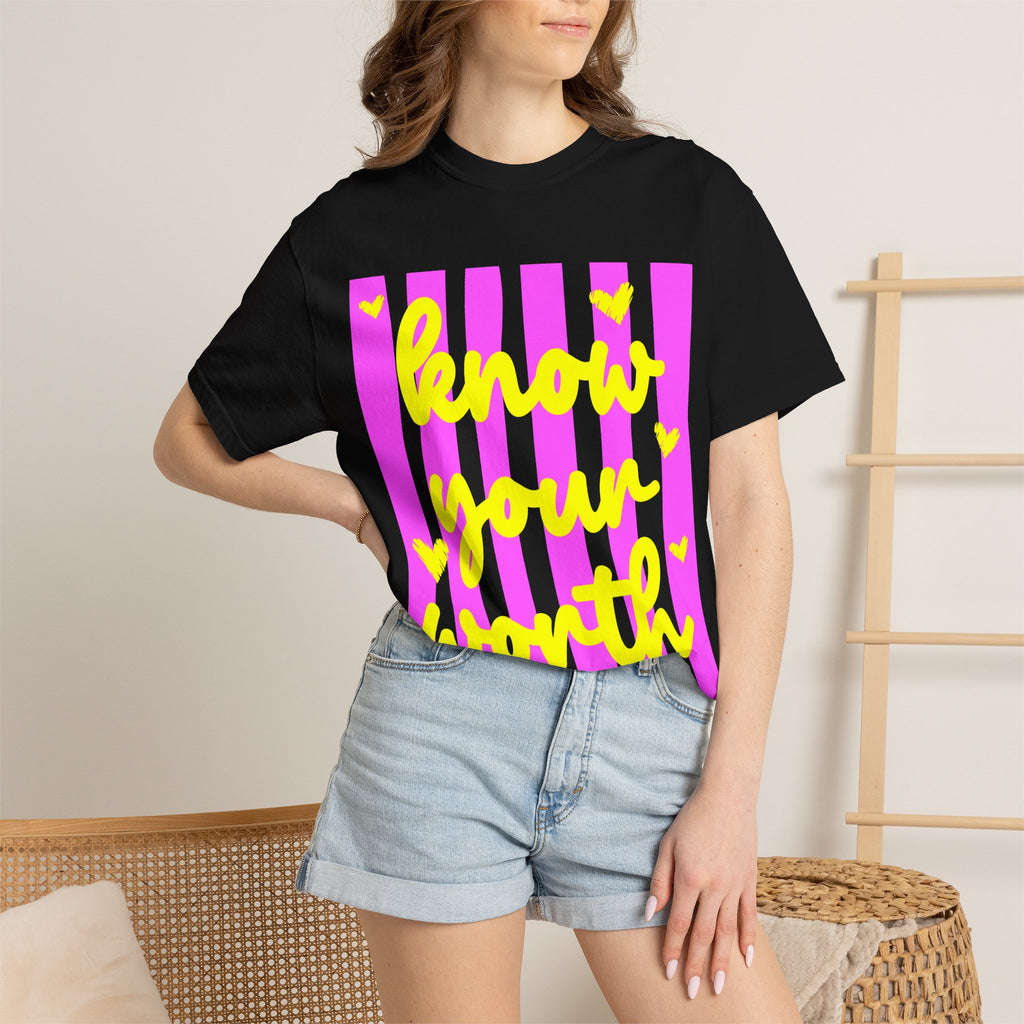 Know Your Worth T-Shirt — Bright Pink Stripe Motivational Tee