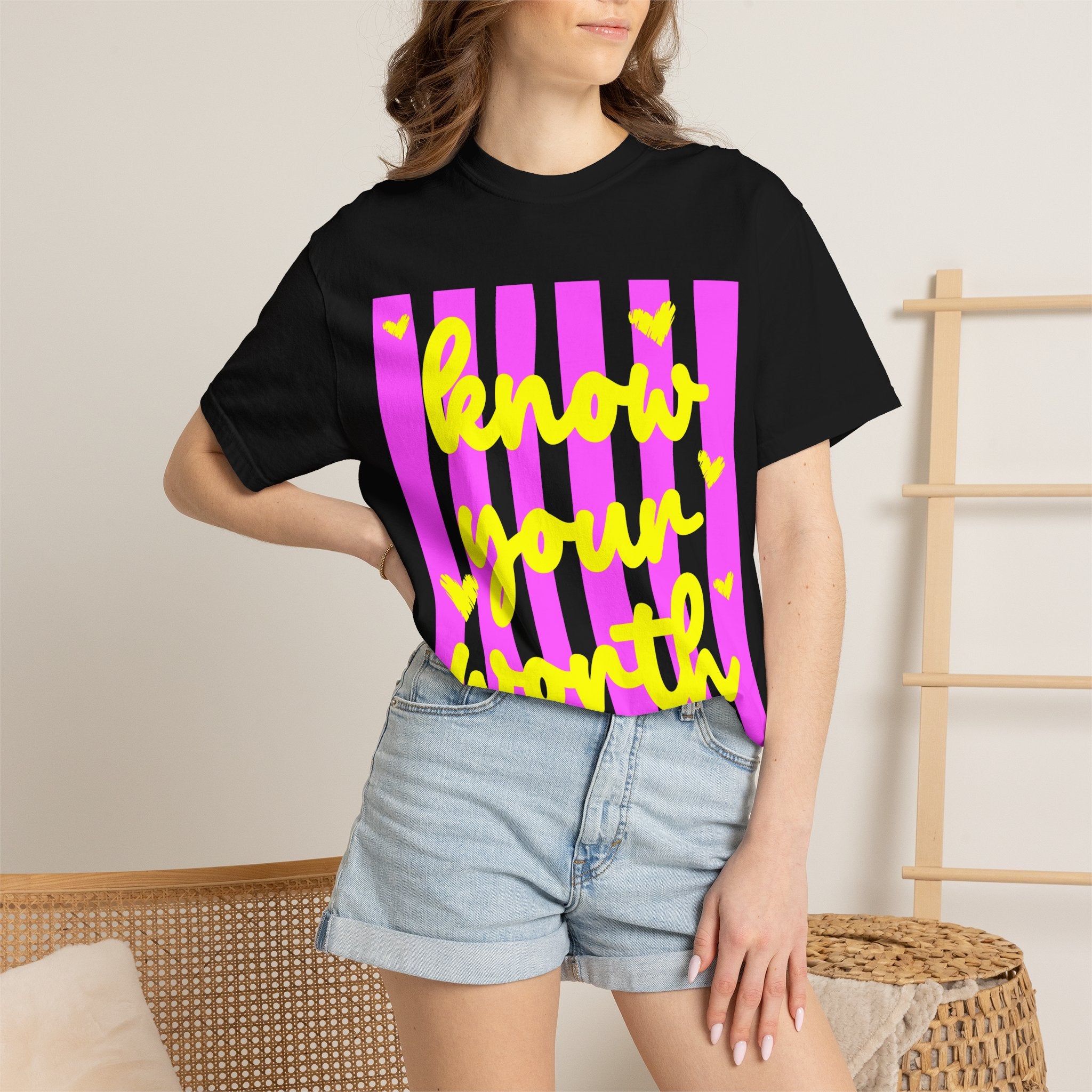 Know Your Worth T-Shirt — Bright Pink Stripe Motivational Tee