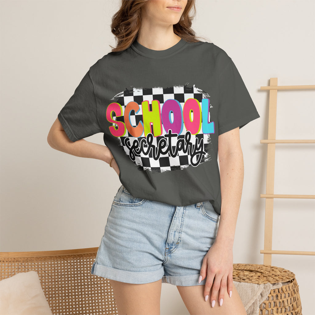 School Secretary T-Shirt — Retro Checkerboard Design