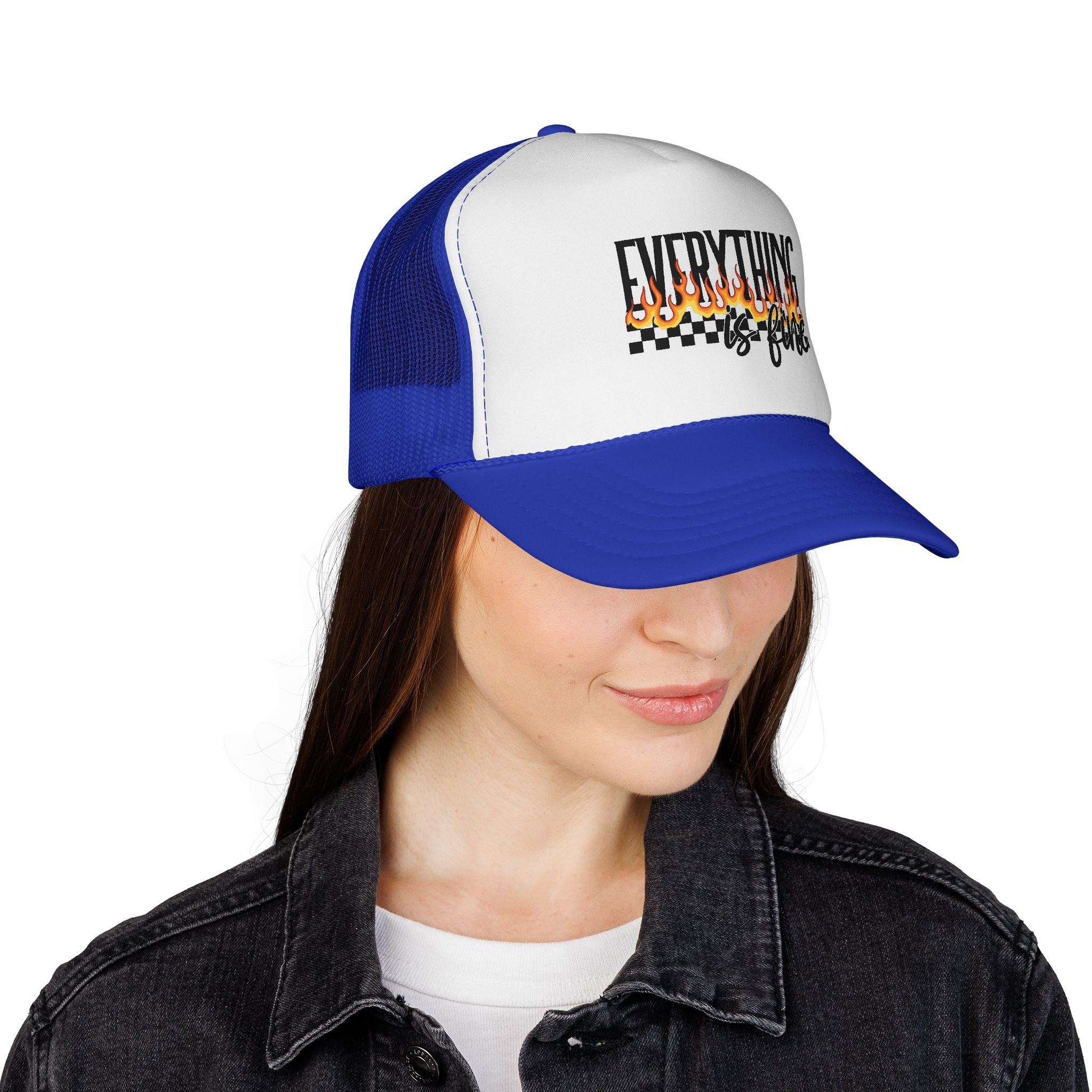 Everything Is Fine Trucker Cap — Retro Flames & Checkerboard Snapback