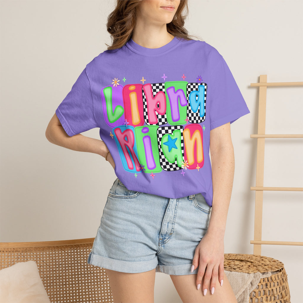 Librarian Retro Bubble Letter T-Shirt — Colorful Checkerboard Book Lover Tee