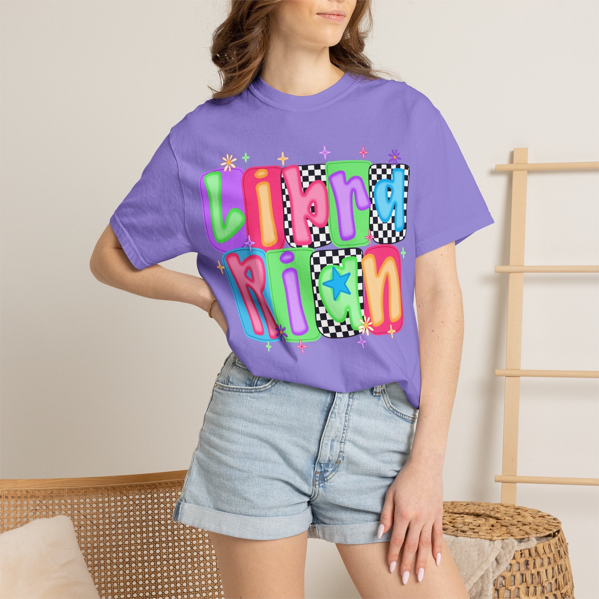 Librarian Retro Bubble Letter T-Shirt — Colorful Checkerboard Book Lover Tee