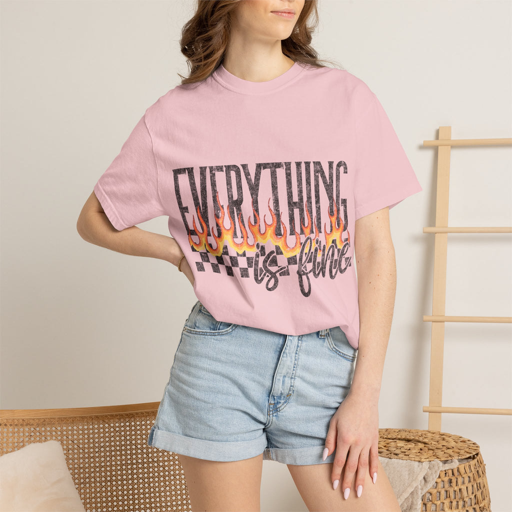 Everything Is Fine T-Shirt — Retro Flames & Checkerboard Graphic Tee