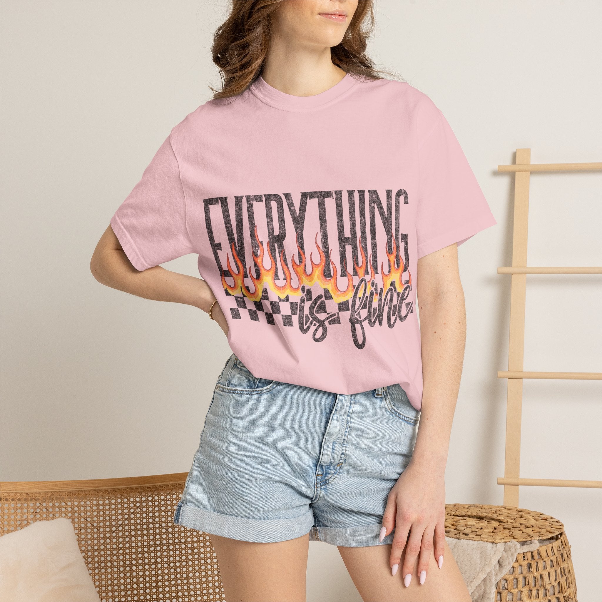 Everything Is Fine T-Shirt — Retro Flames & Checkerboard Graphic Tee