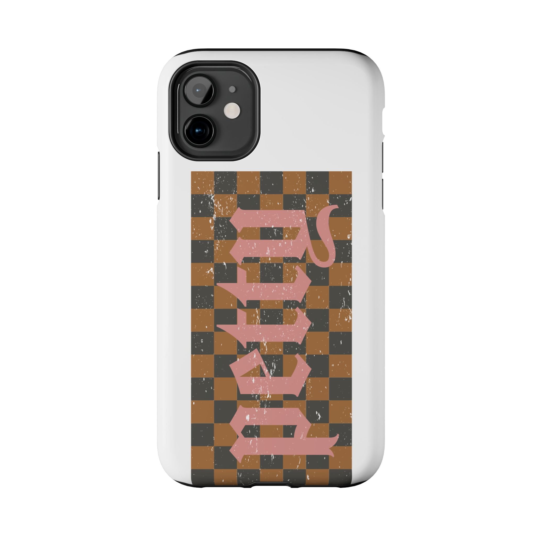 Checkerboard 'Tough' Retro Phone Case — Pink Gothic Text, Grunge Pattern